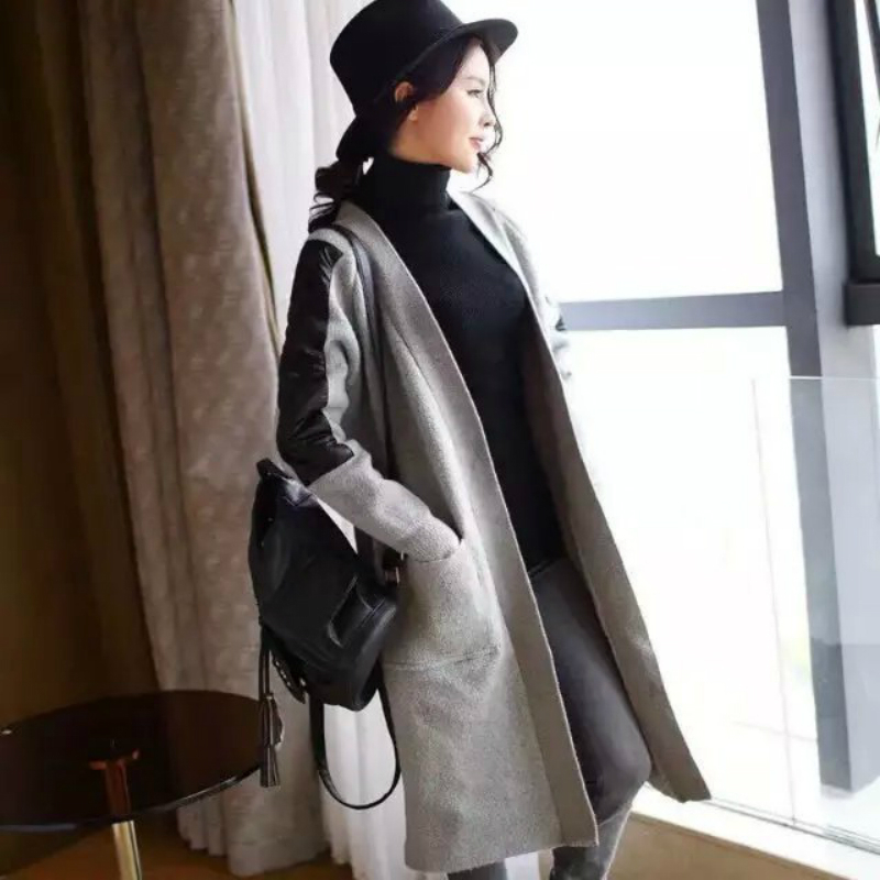 Hot Sale! New 2015 Winter Women Coat Solid Colors Knitted Long Cardigan Women Sweater Fashion PU Leather Splice Sleeve Cardigans
