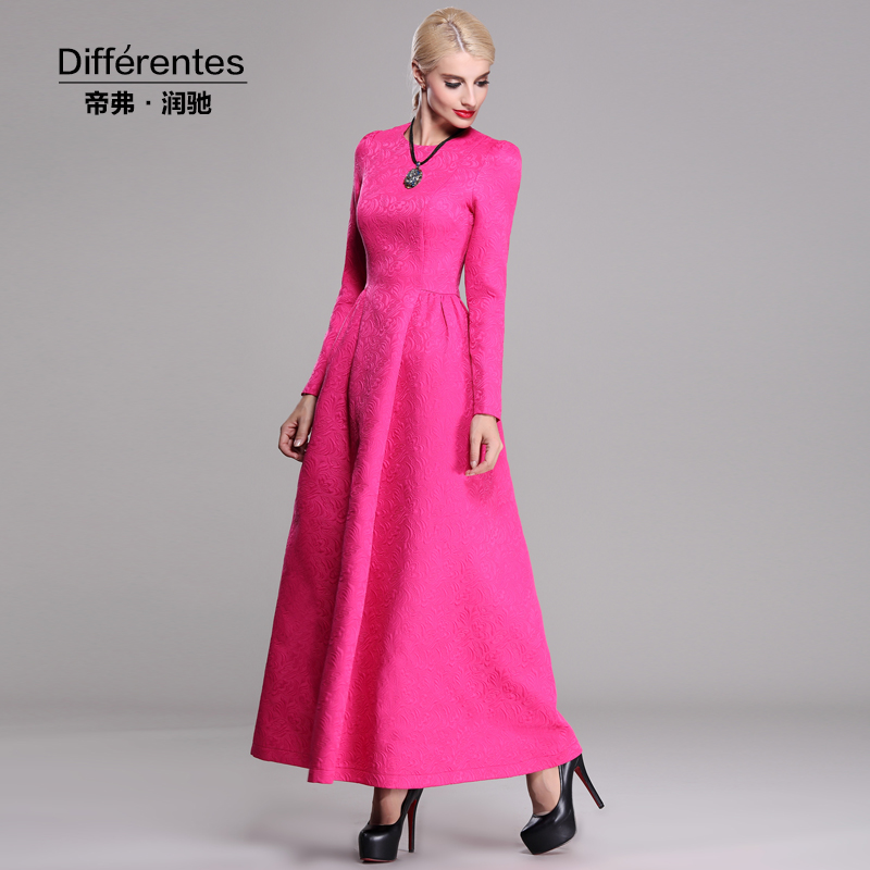 2015 jacquard long autumn women design 100% cotton one-piece dress long-sleeve slim waist o-neck full dress one-piece dress