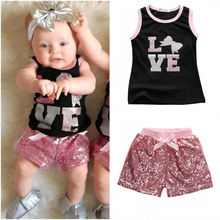 2Pcs Baby Girls Clothes Set 2016 New Fashion Little Girls Summer Vest Top and Sequined Beling Short Pant Kids Children Set