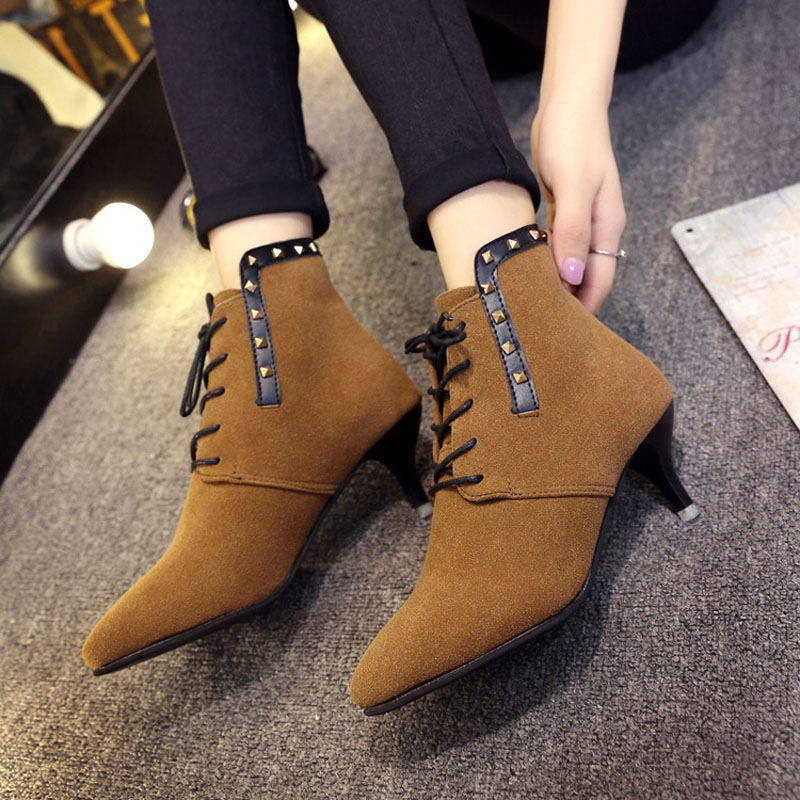 2015 Winter Fashion Rivets Female Ankle Boots Pointed Toe Thin High Heels Women Boots Warm Martin Boots Black Red Brown ZM2.5
