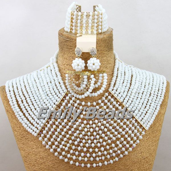 Amazing Nigerian Wedding Big African Beads Jewelry Set White Gold Crystal Necklaces Earrings Bracelet Set Free Shipping AEJ585