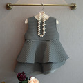 new 2015 autumn winter Space cotton Irregular ruffles girls vest dress cute bow striped girl party