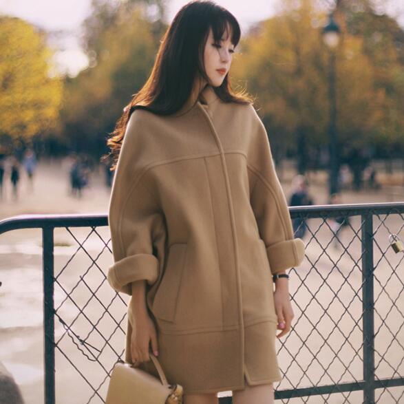 2015 Korea New Winter Slim Woolen Coat Jacket Women Plus Size Stand Collar Coats Single-Breasted Elegant Overcoat Female