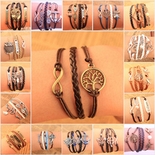 Wholesale Fashion Vintage Bird Tree Anchors Rudder Rope Owls Infinity Multilayer Leather bracelet jewelry for women