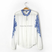 Elina\'s shop 2014 New women Harajuku blue China floral print chiffon long sleeve turn down blouse shirt tops