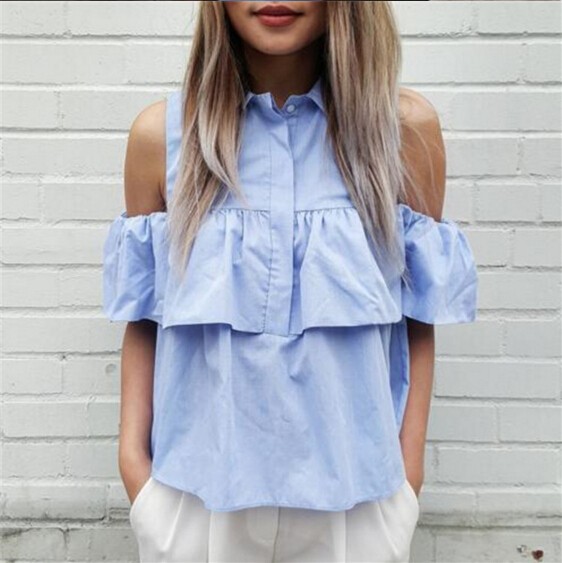 Новое прибытие 2016 лето стиль женщины с плеча повседневная блузка рубашки синий и белый оборками короткие blusas дамы растениеводство топы