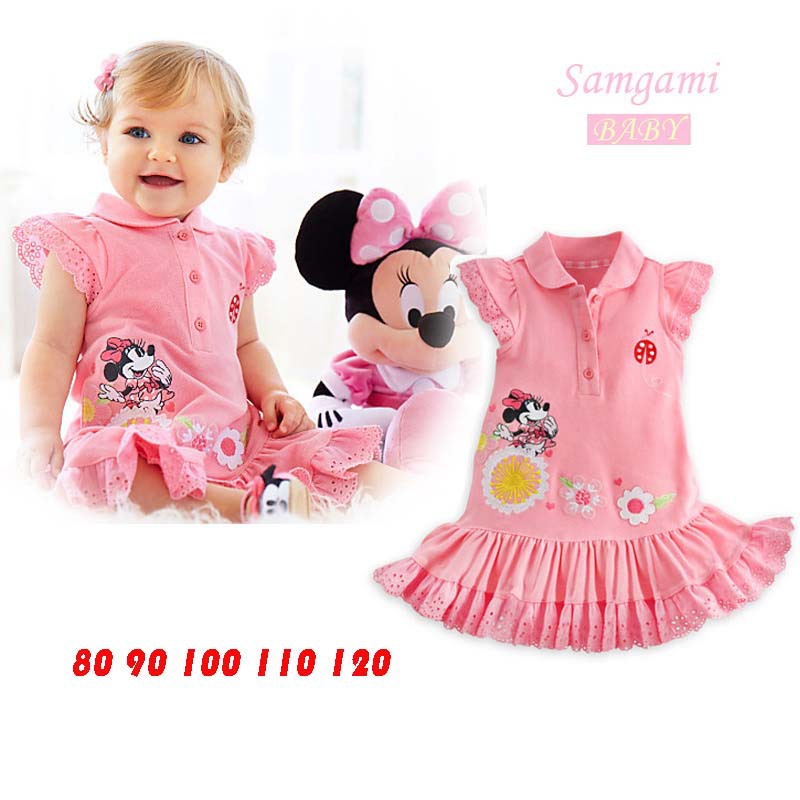 High Quality 2014 New girls cartoon Minnie dress kids cotton wear girl short sleeve dress summer cute baby lace pink dresses