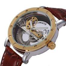 New Luxury Transparent TourbIiion Dial Diamond Golden Tone Skeleton Brown band Automatic Self Wind Mechanical Men Watch A523