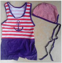 Children One Piece Swimsuit Baby Swimwear 2-8 year Boy Piece Swimsuit + Swimming Cap Sailor Stripe Bathing Suit Cute Cartoon