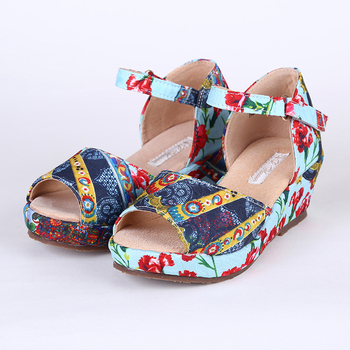 2015 европейские девушки обувь мода девочек сандалии с цветочным печать хлопчатобумажная ткань детская обувь девочек лодыжки обертывания сандалии детей