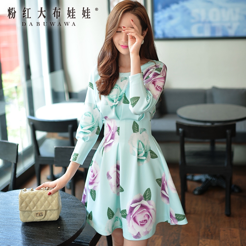 Autumn dress pink doll dress 2015 Korean printing in the long sleeved dress bat