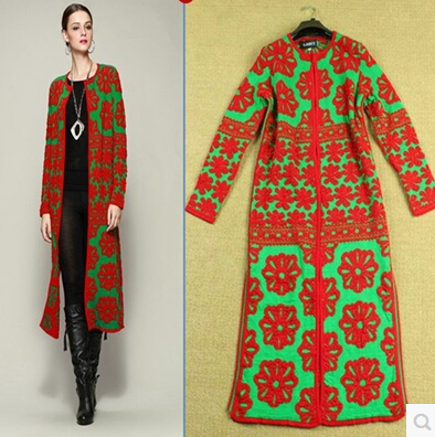 2014 European & American Fashion Show Style High Quality Heavy Hook Flower Temperanment Casual Wool Cardigan Mid Calf Dress