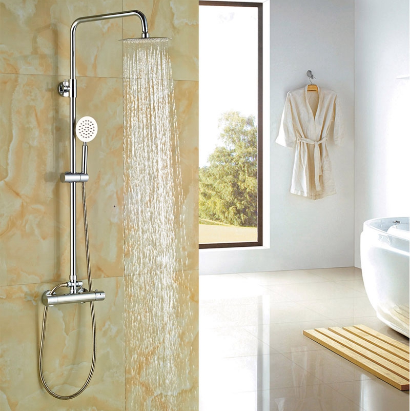 Bath Rainfall Shower Set Chrome Polish Thermostatic Shower Faucet With Hand Shower Wall Mounted