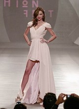 Custom made Miranda Kerr V neck Capped Sleeves Chiffon High low Celebrity Dresses Formal dresses for