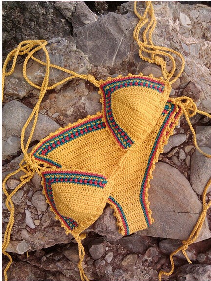 2015 boho beach wear Cotton Biquini Handmake Hatler Bikini Knitted Bikini Croche String Bottom Yellow Swimsuit biquini de croche01