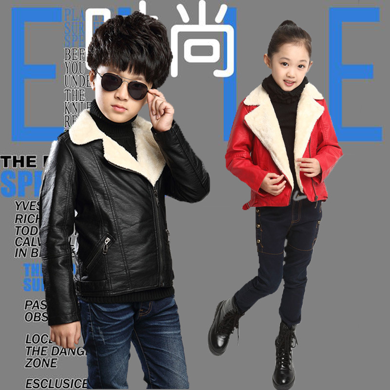 Children's Leather Coat  and Boys Winter Jackets Over Girls Cashmere Thickened Children Coat Kids Faux Leather Motorcycle Jacket