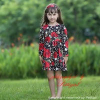 New Design Girls Red Rose Printed Dress Long Sleeve Ruffle Dresses Retail Kids Girls Autumn Clothing