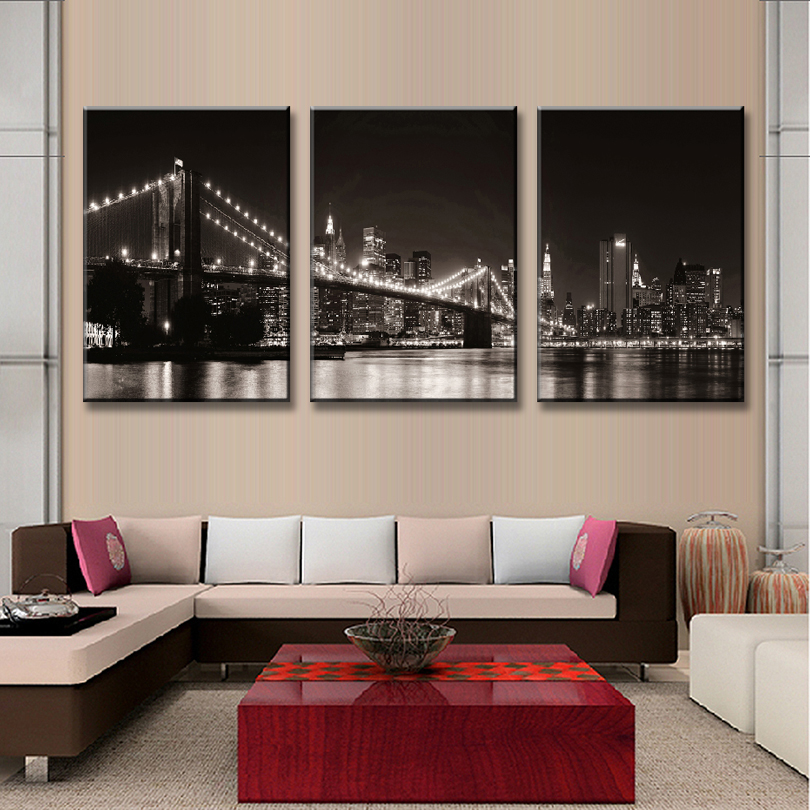 3 Pcs/Set Landscape The Black Night Of The Brooklyn Bridge In New York Painting Prints on Canvas Modern Grey City Wall Pictures