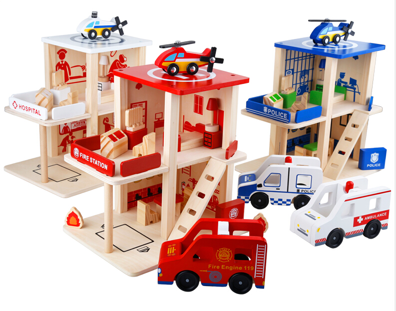 Wooden children's gift  playsets Police/ Fire station/ hospital boy gift disassembly educational toys  play  house  toy