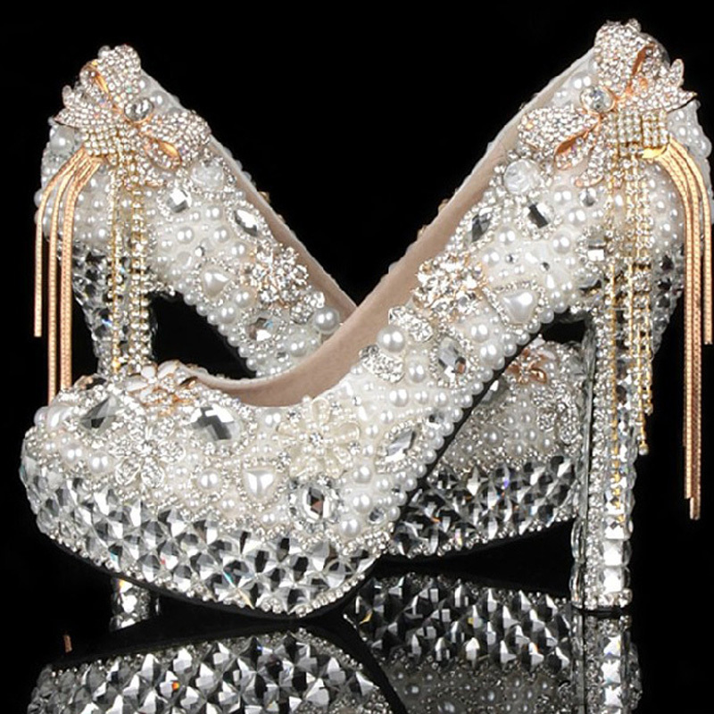 2015 Custom Made Ivory Pearls Bridal Shoes with