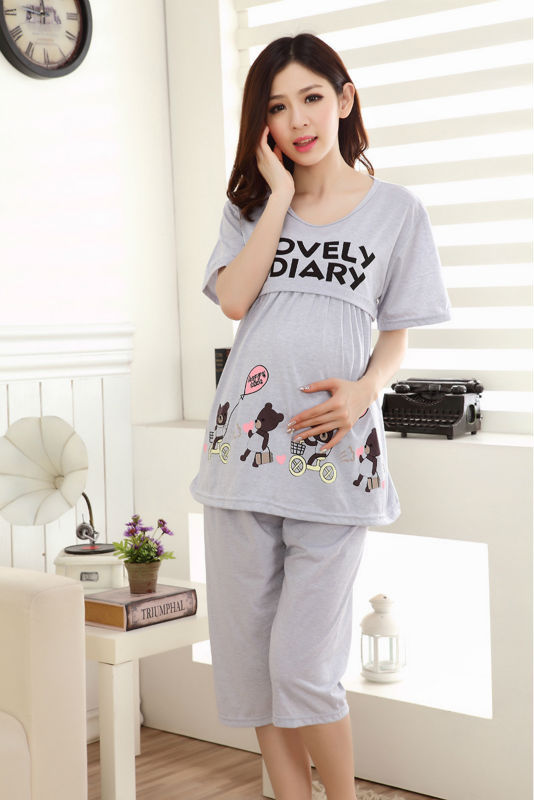 Cute bears Red Summer Pregnant woman pajamas nightwear clothing for pregnancy Puerpera breastfeeding clothes set maternal top 19