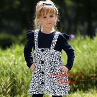 Fancy Design Girls Floral Dress Navy And White Print Flower Kids Dresses Retail Children Autumn Clothes