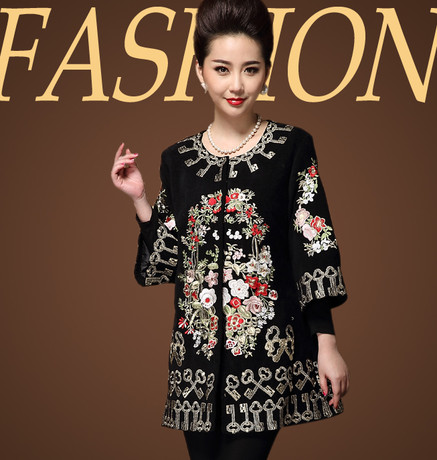 New brand women runway autumn winter fashion woolen coat Elegant embroidery trench coat designer coat outwear plus size  NS47