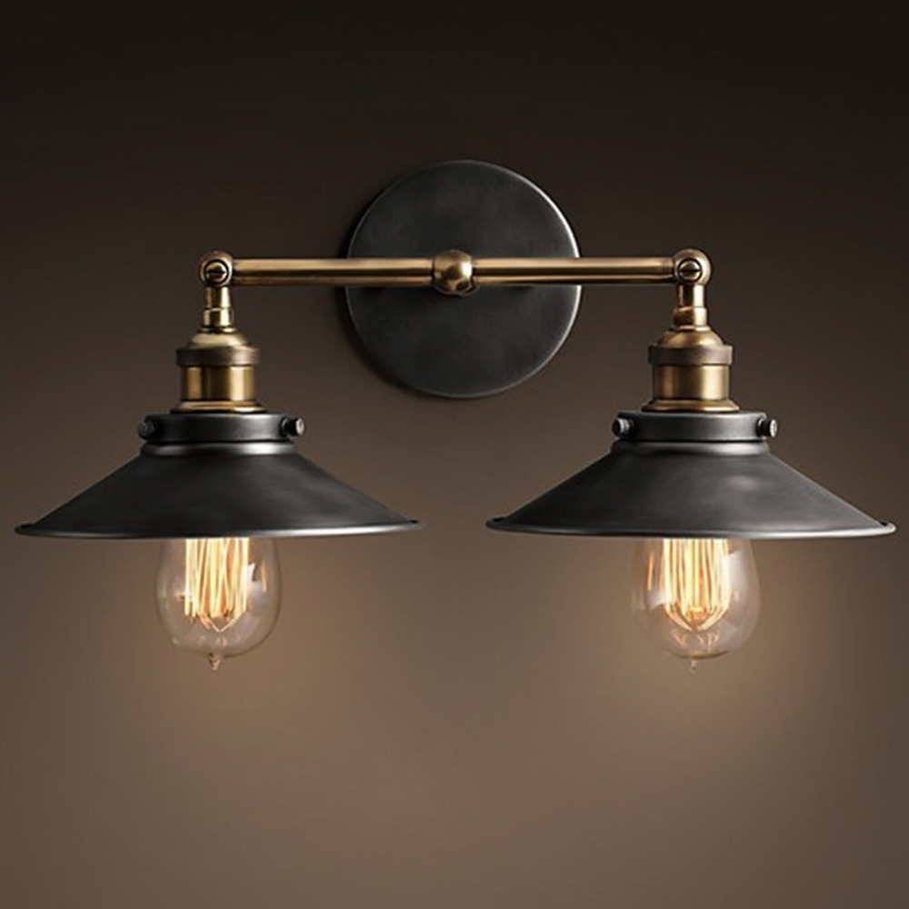 2Bulb+Wall Sconces Double Heads Light Umbrella Shape Wall Lights Retro Industrial Edison Lighting Iron Craft Decorative Lamp