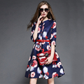 Vintage short party dress with sashes 2015 autumn new Floral Print dress Plus Size woman clothes