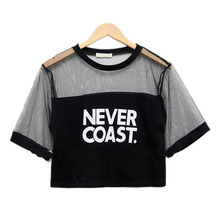 2015 New Sexy Women Girls Loose Crop Top T Shirt Crew Neck See through Gauze Tops