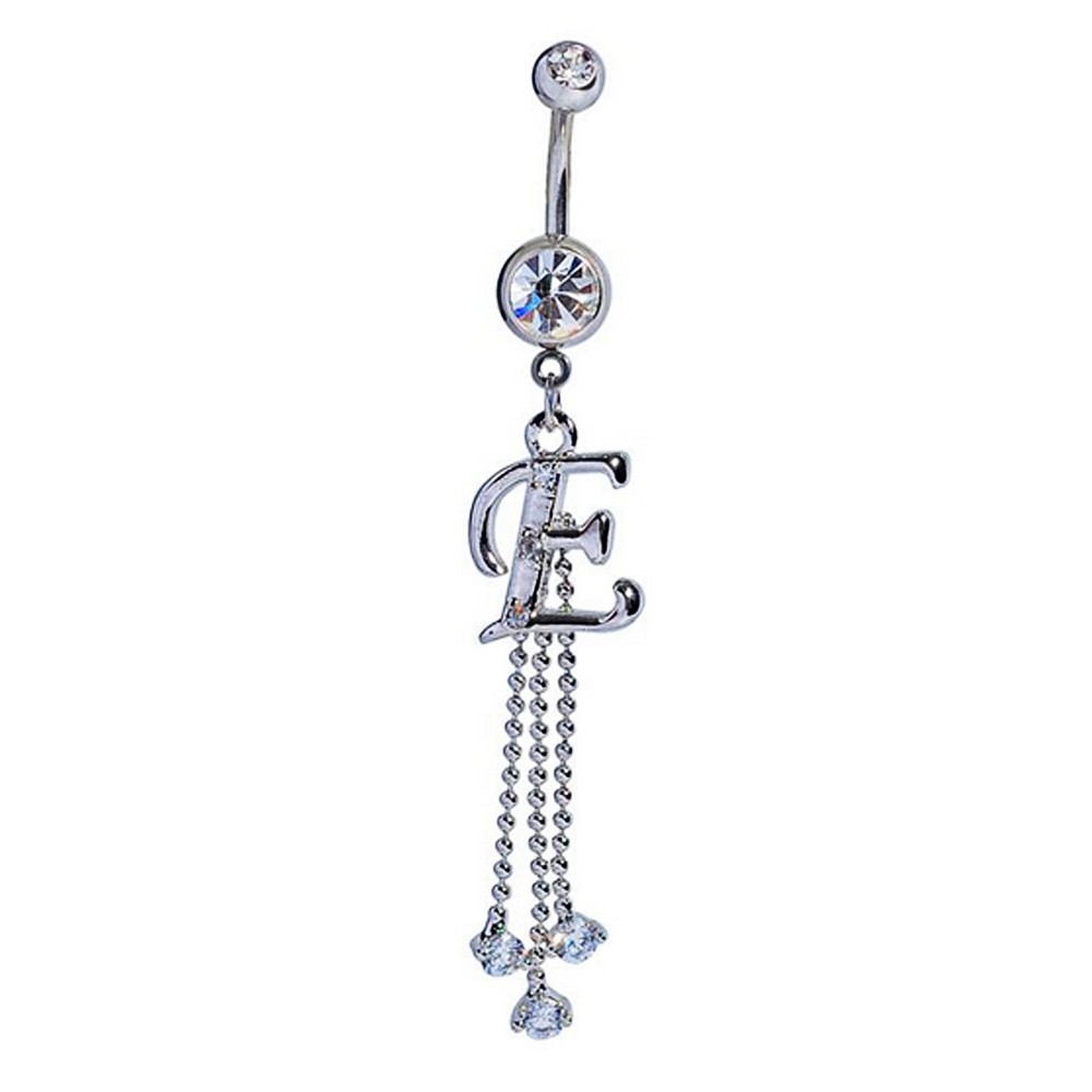 14g Rhinestone E Letter Character Long Dangle Belly Button Navel Ring 