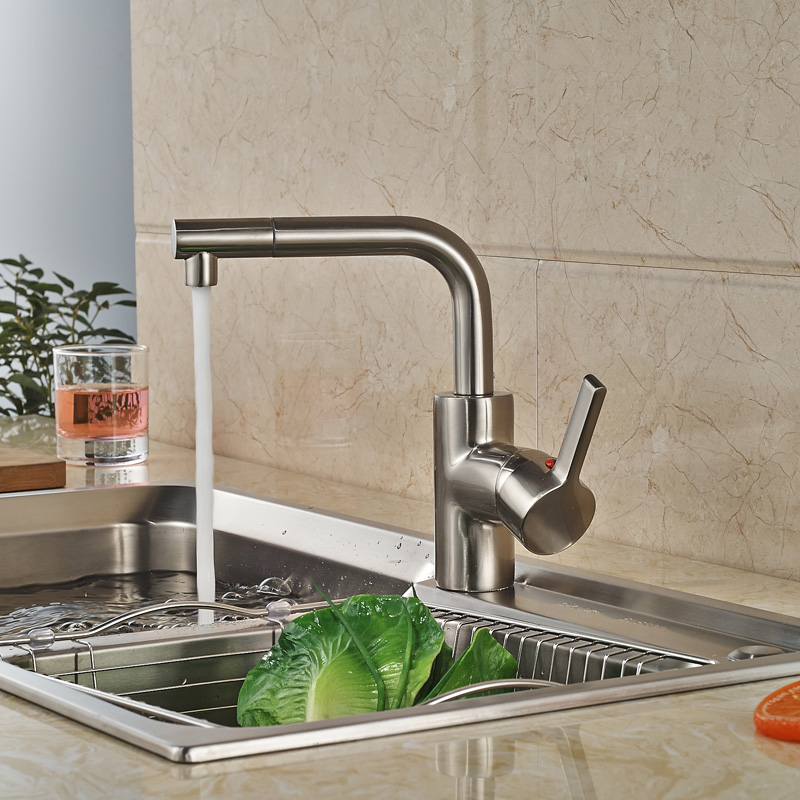 Фотография Good Quality Brushed Nickel Kitchen Mixer Faucet Single Lever Deck Mount Kitchen Hot Cold Water Taps