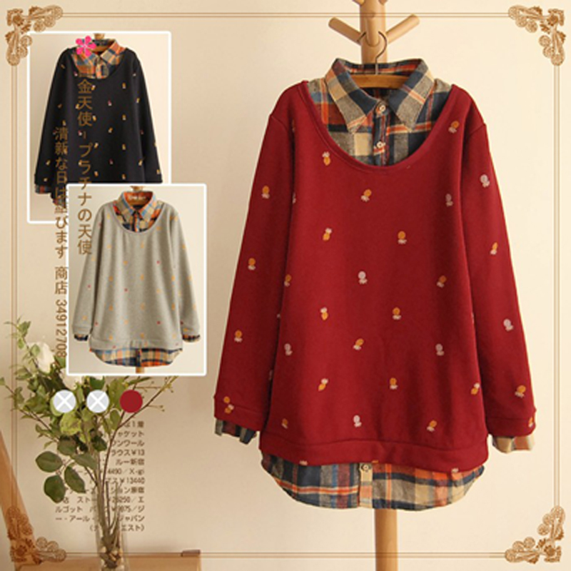 2015 Spring Autumn Sweatshirts Women Small Pineapple Blouses Print Tops Long sleeve font b Plaid b