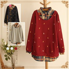 2015 Spring Autumn Sweatshirts Women Small Pineapple Blouses Print Tops Long-sleeve Plaid Shirt Faux Two Piece Sweatshirt