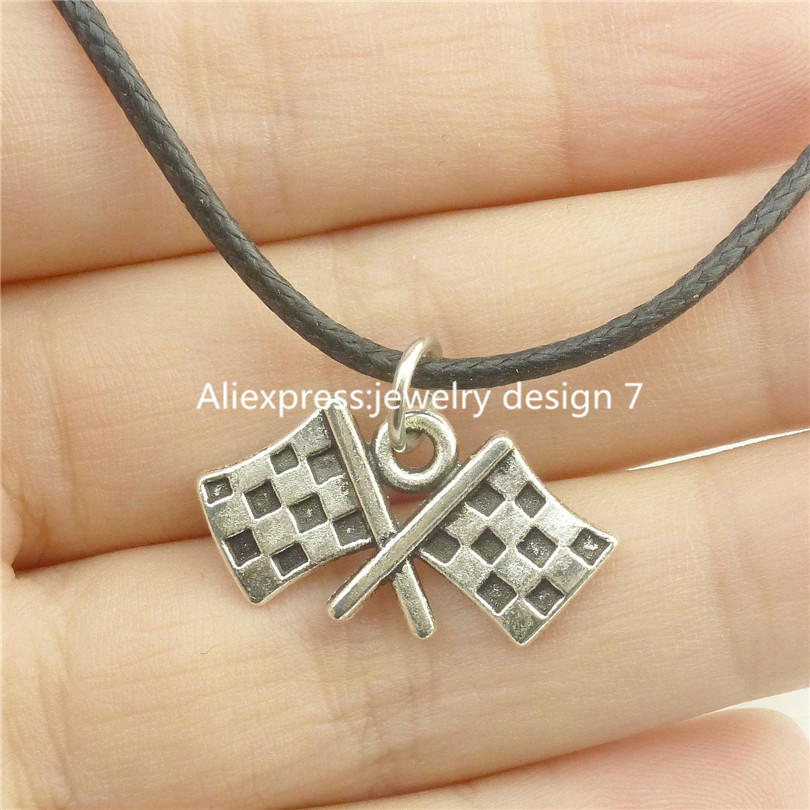 Free shipping 17073 Silver Flag Banner font b Chequered b font Flag Pendant 17 Choker Collar