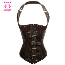 Brown Faux Leather Corset Steampunk Underbust Waist Training Vest Steel Boned Bustiers&Corsets Corpetes E Espartilhos Para Festa