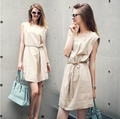 European Big Size Short Women Dress Soft Breathable Linen Cotton Tie Loose Dress 2016 Summer Plus