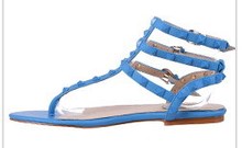 Genuine leather stud nude T-strap flats sandals 2015 summer shoe stud flip flops