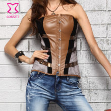 Brown Leather&Black Velvet Patchwork Steampunk Clothing Sexy Overbust Espartilho Corpete Corset Espartilho Women Gothic Corsets