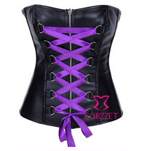 Black PVC Leather Ribbon Lace Up Front Overbust Corselet Com Ziper Steampunk Corset Gothic Bustier Corpete For Woman Club Party