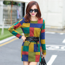 2016 New Autumn Women Dress Round Neck Long Sleeve Fashion Woolen Tartan Dress big yards Slim sexy Dress DR114
