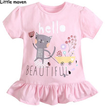 Little maven kids brand clothing 2016 summer girls short sleeve O-neck falbala t shirt Cotton cat printing brand tee tops L062