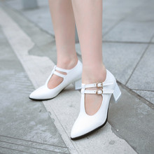 2015 leisure elegant women shoes pointed toe square heel double T-strap PU leather women pumps single shoes big size 34-43