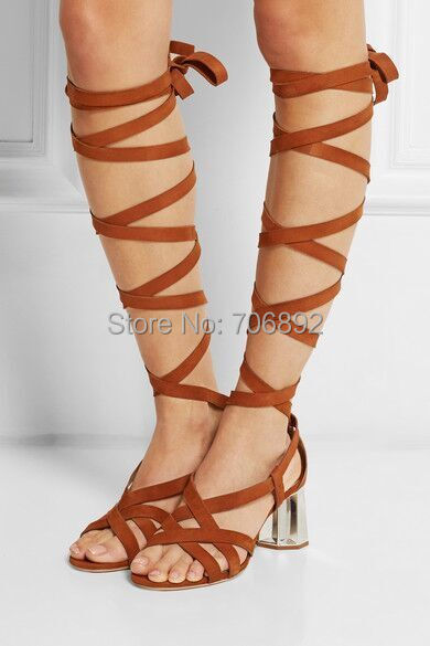 Newest brand name women's summer strappy knee high boots crystal mid heel lace up boots sandals