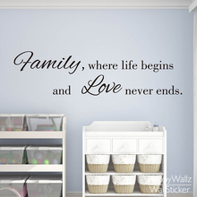 Family Love Life Quote Wall Sticker Family Life Begins Love Never Ends Wall Decal DIY Family Lettering Quotes Custom Colors Q27