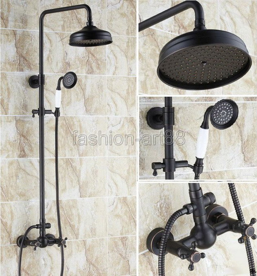 Black Oil Rubbed Bronze Wall Mounted Dual Cross Handles Bathroom Rain Shower Faucet Set + Handheld Shower ars048
