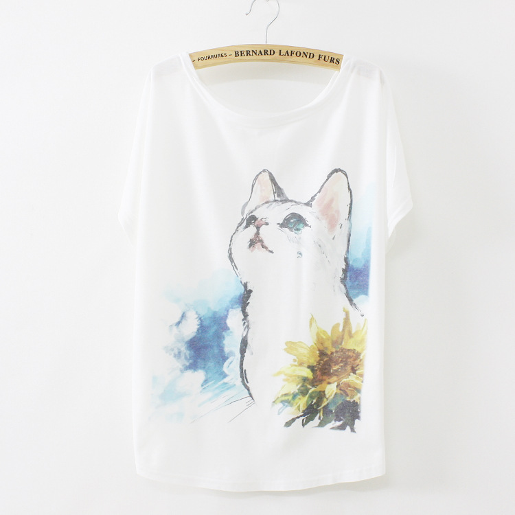 Hand Painted Kitten Printing 2016 Summer Style Women Batwing Short Sleeve White T shirt Cotton Casual