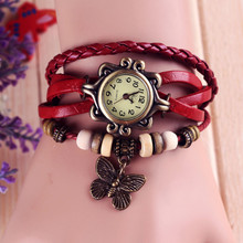 Fashion casual high quality Cow Leather Strap vintage women s knitted leather butterfly rhinestone Dress Watches