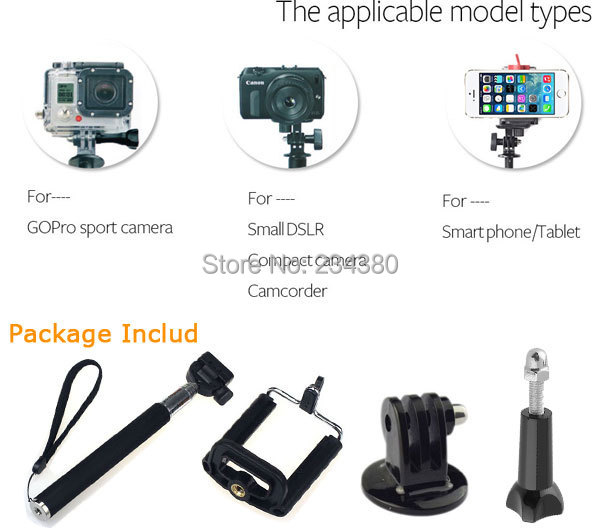4ni1  Extendable 10PCS Handheld Monopod + 10PCS Phone holder +10PCS  Long Screw + 10PCS Tripod Adapter For GoPro Hero Cell Phone