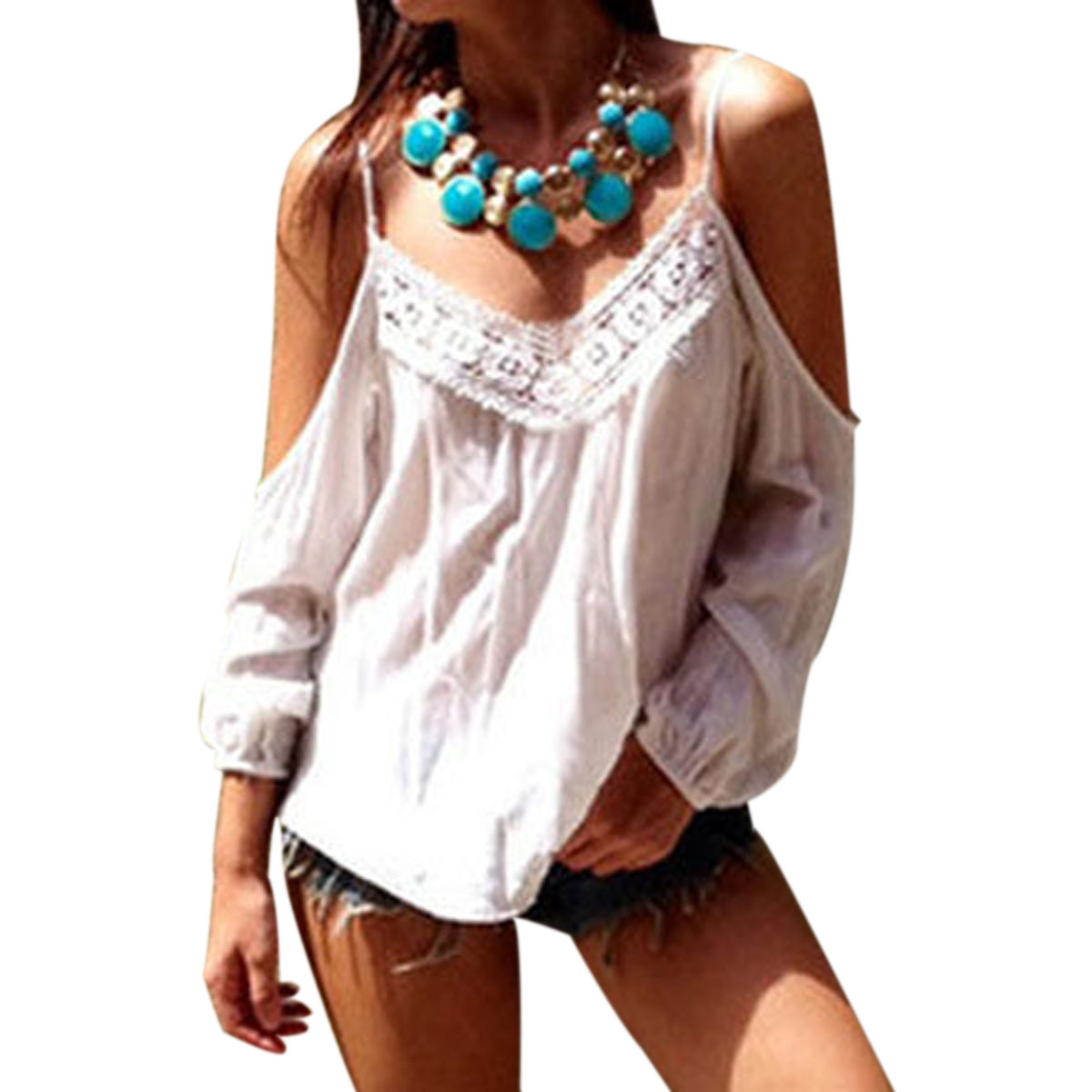 New 2016 Summer Sexy Womens Blouses Off Shoulder Blouse Tops Loose Long Sleeve Lace Patchwork